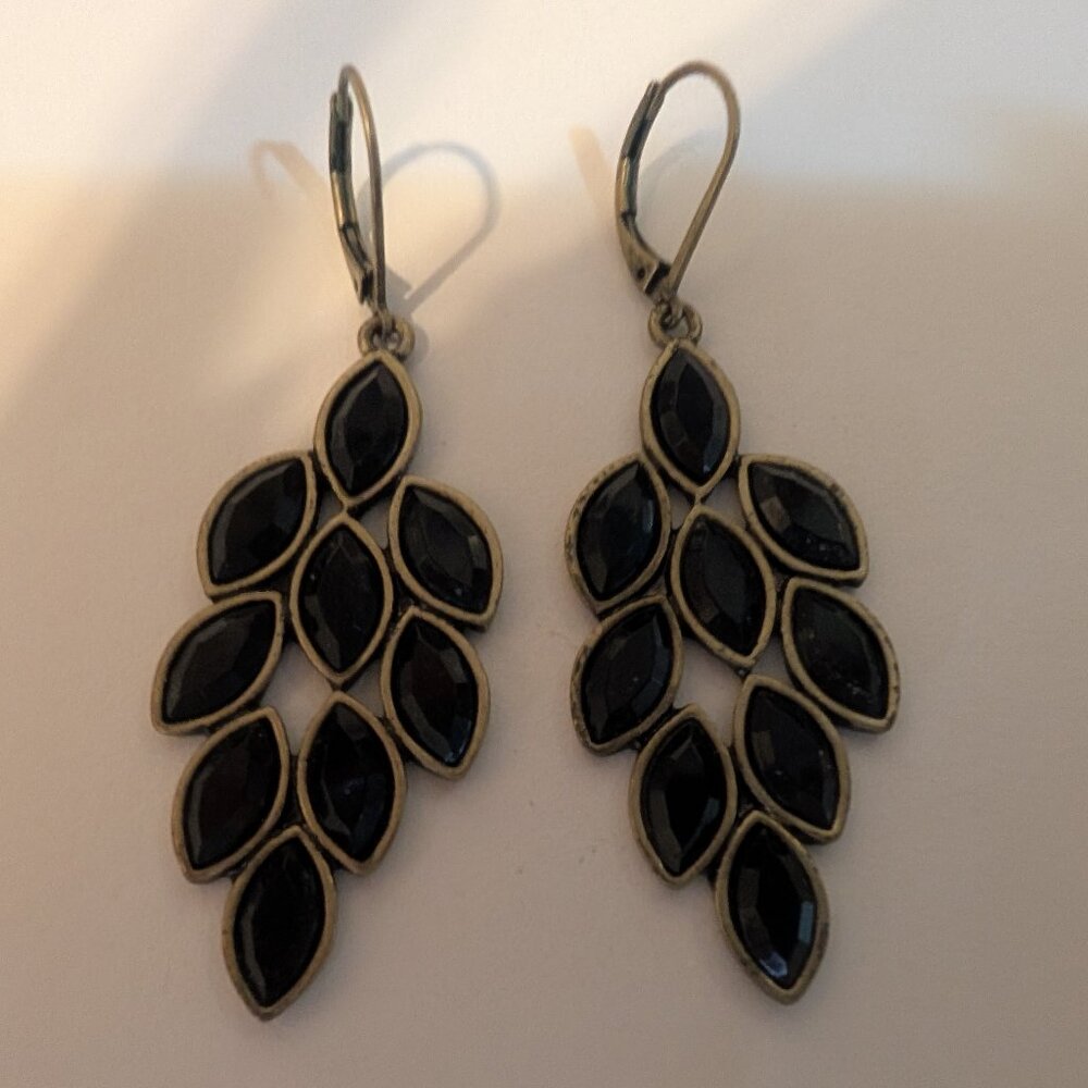 2013 Avon Antiqued Leaf Black with Gold Tone Chandelier Pierced Earrings